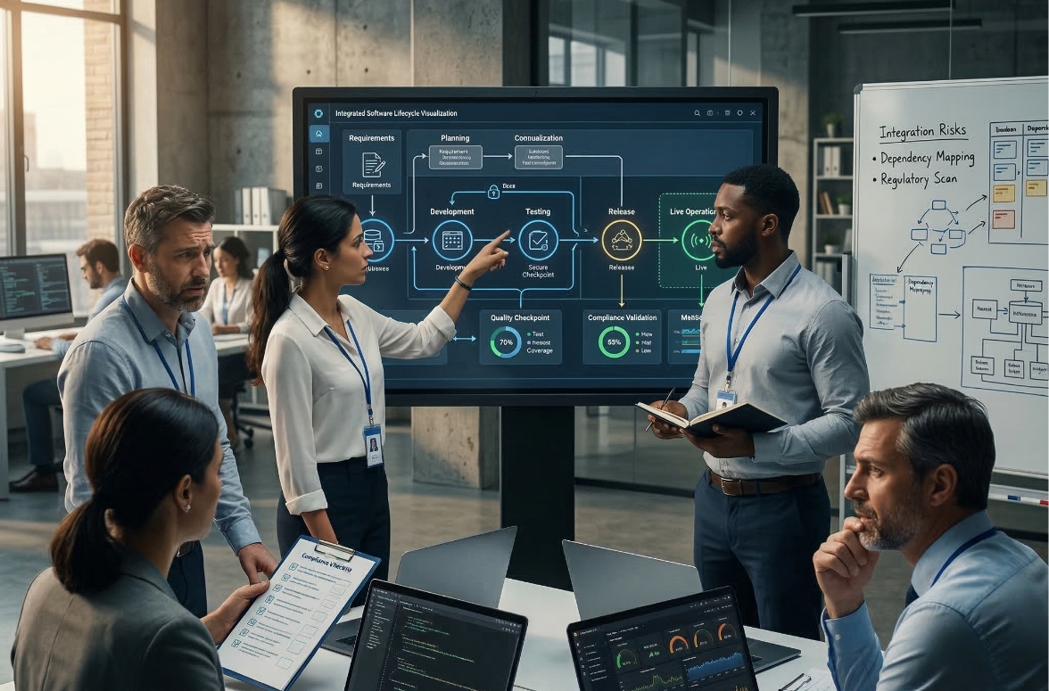 Diverse team discussing application performance testing workflow on a large screen