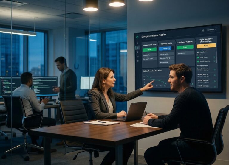 Two professionals discussing application performance testing results on a dashboard screen