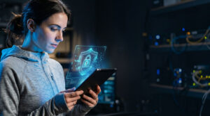 Woman holding a tablet with a glowing security shield in a server room