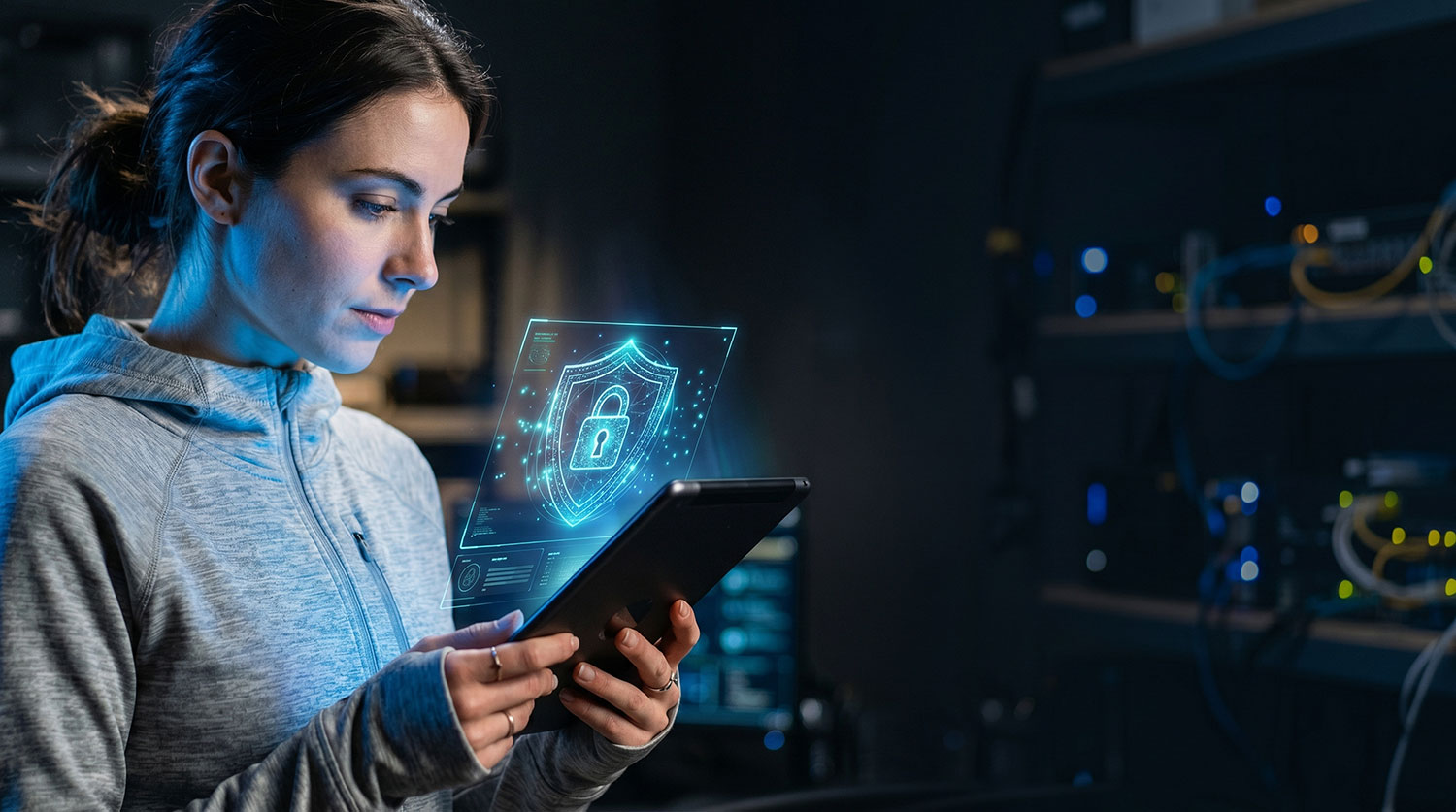 Woman holding a tablet with a glowing security shield in a server room