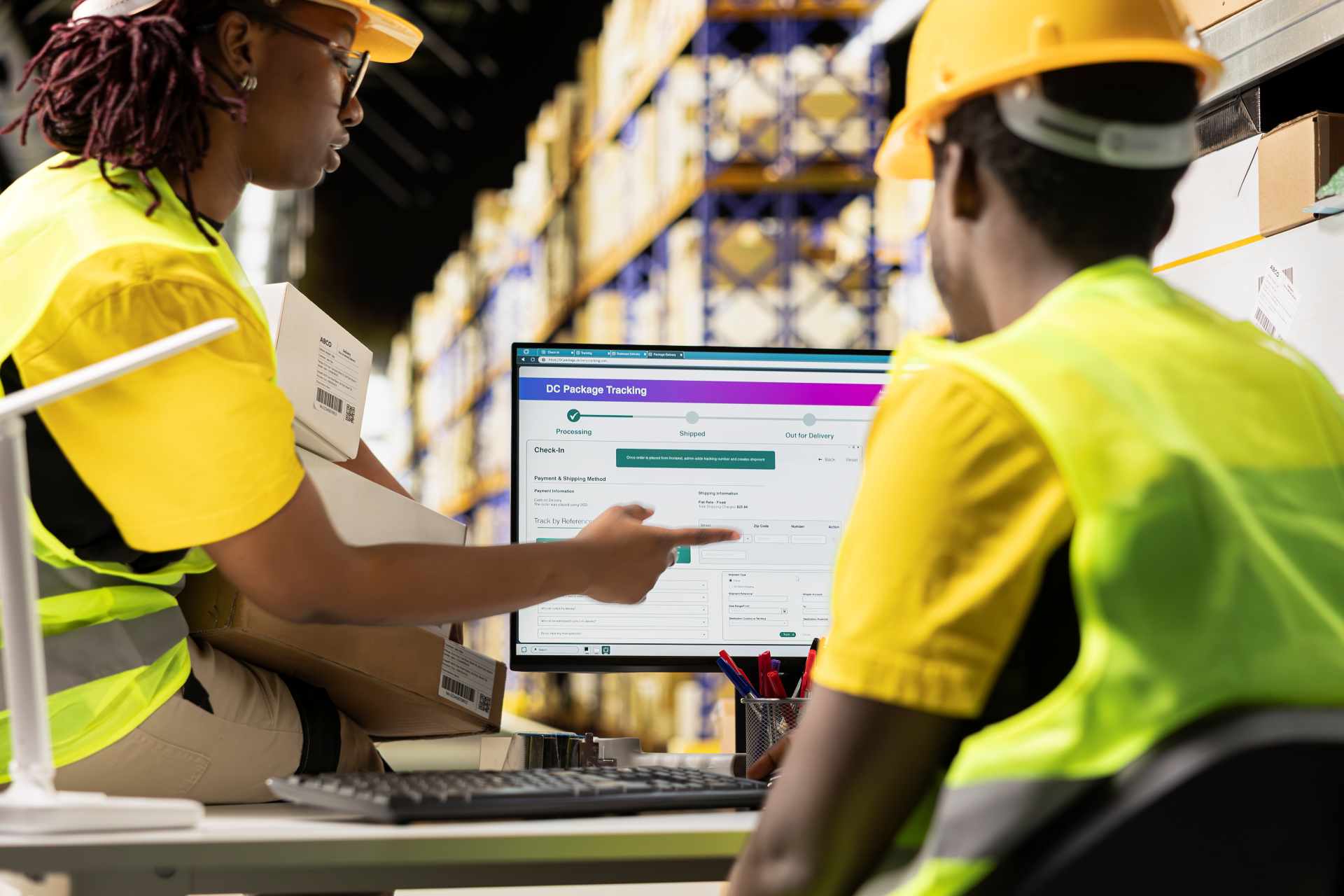 Warehouse employees tracking packages on computer 2026 03 26 23 29 13 utc