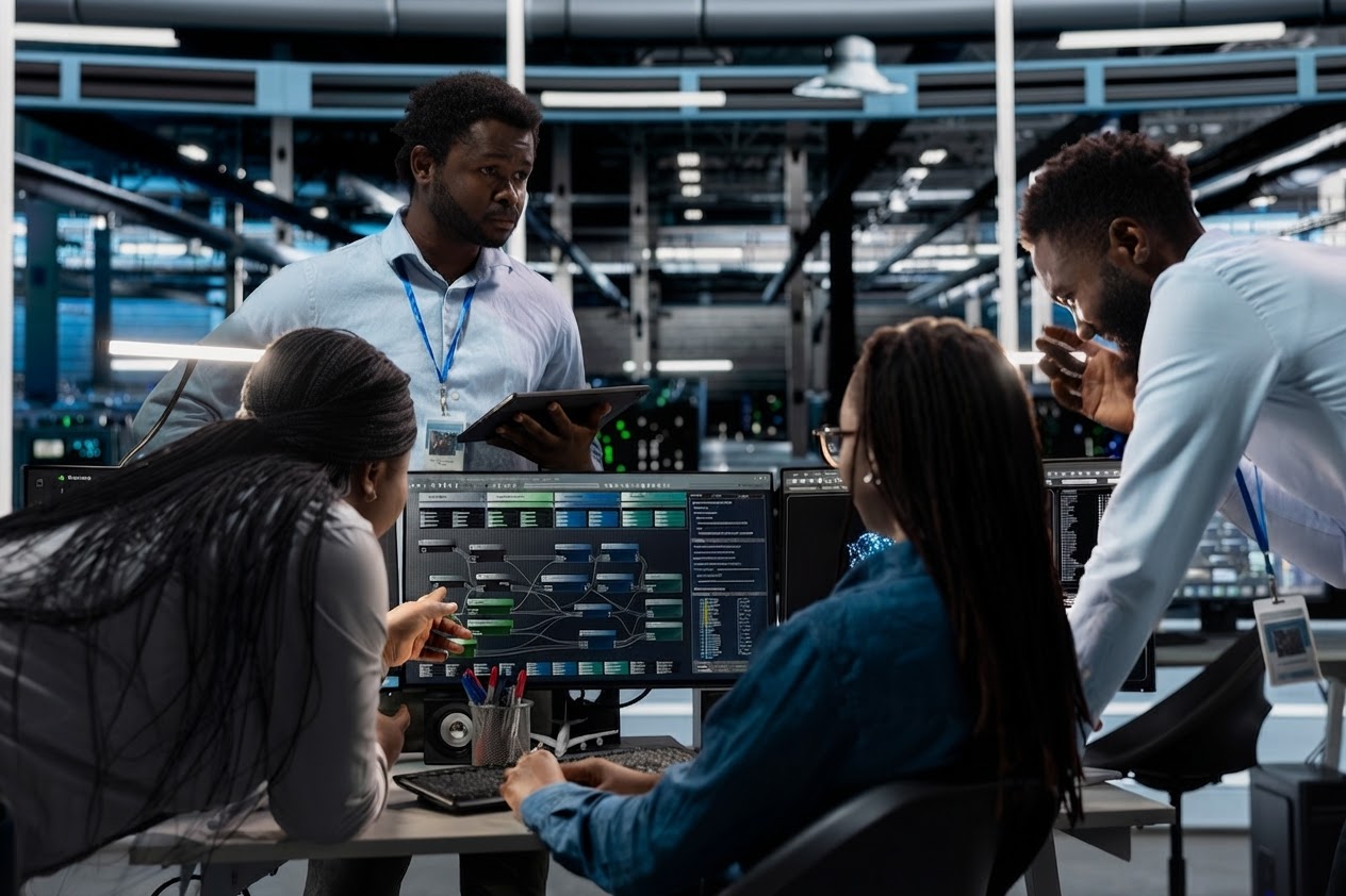 Team analyzing data on multiple monitors in a modern tech operations center
