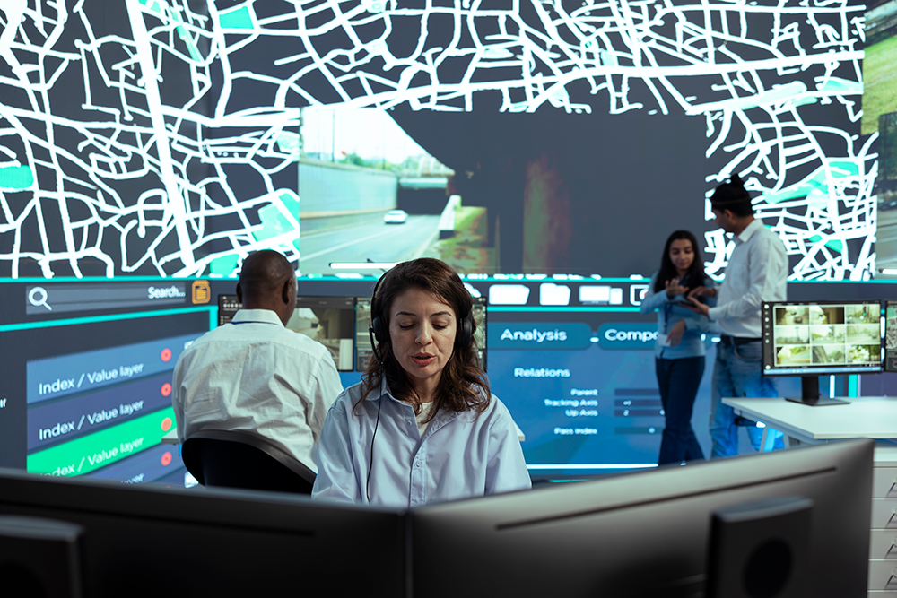 Team monitoring AI model validation and governance risk assessment in operations center