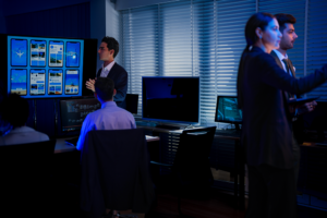 Team managing AI agent orchestration in enterprise command center