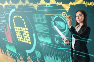 Person interacting with digital security lock and data analytics interface