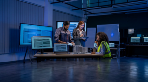 Team collaborating in a tech lab, representing a Continuous Quality Engineering Platform