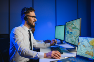 Operator monitoring AI model validation and risk assessment on governance platform screens