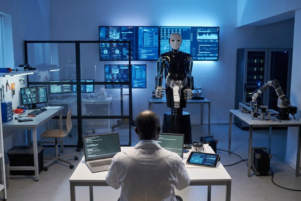 Engineer programming a humanoid robot in an AI research lab