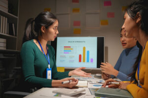Team discussing performance metrics on a data chart during a meeting
