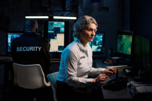 Security personnel monitoring surveillance feeds in a control room