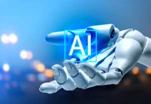 Robot hand holding AI icon representing autonomous AI agents and agentic AI platform solutions