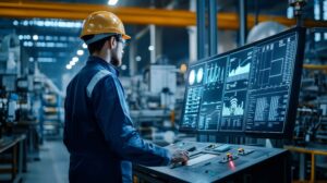Worker monitoring production data on control panel screen in factory