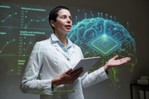 Doctor presenting AI-powered brain data and neurological analytics
