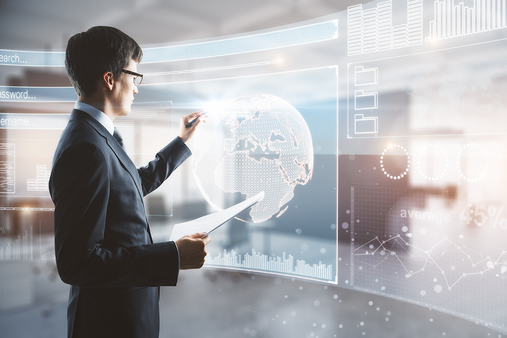 Businessperson interacting with digital global data visualization screen