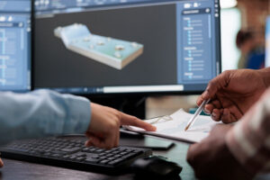 Engineers reviewing 3D CAD model design on computer screen