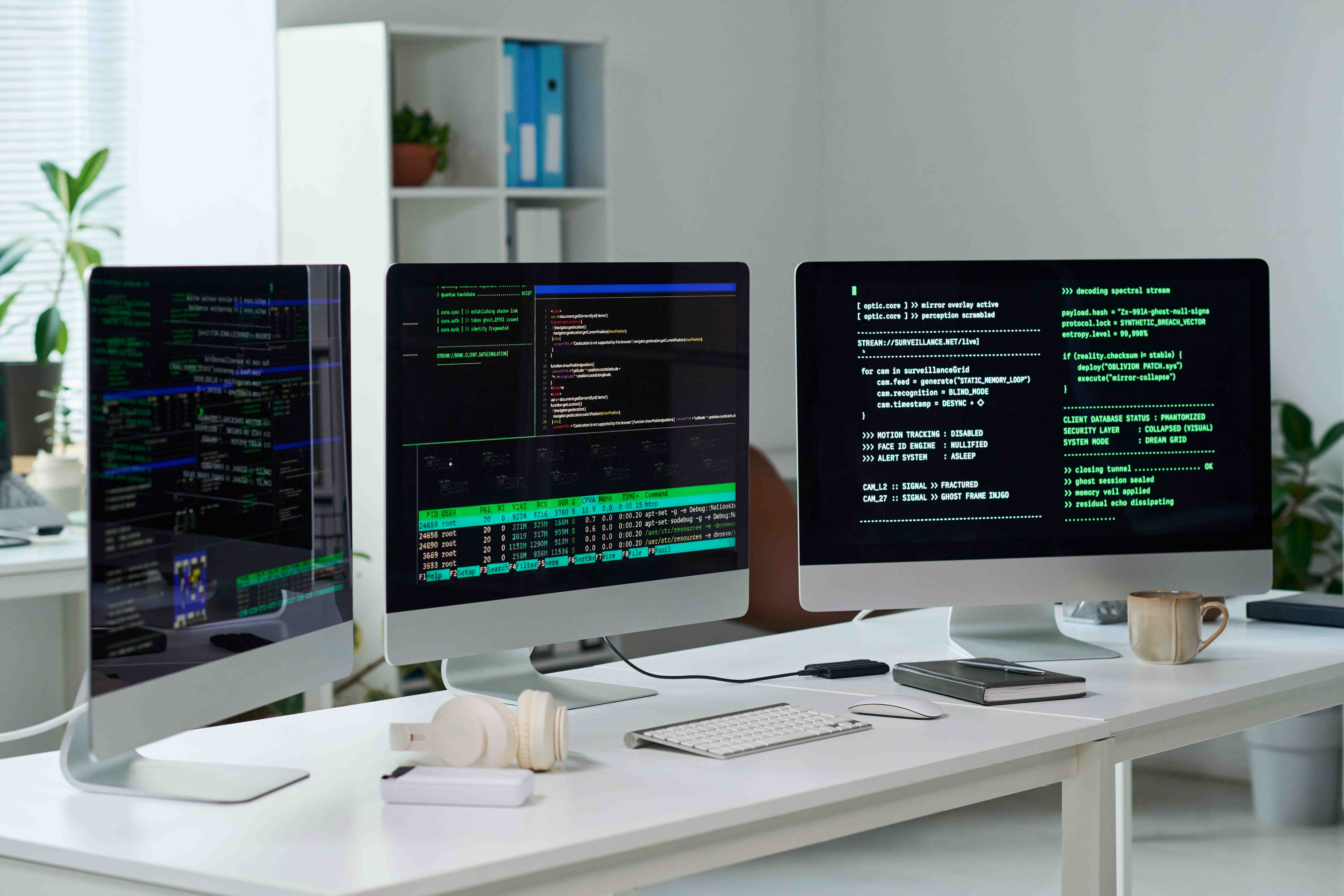 Multiple monitors displaying Test Infrastructure Management setup
