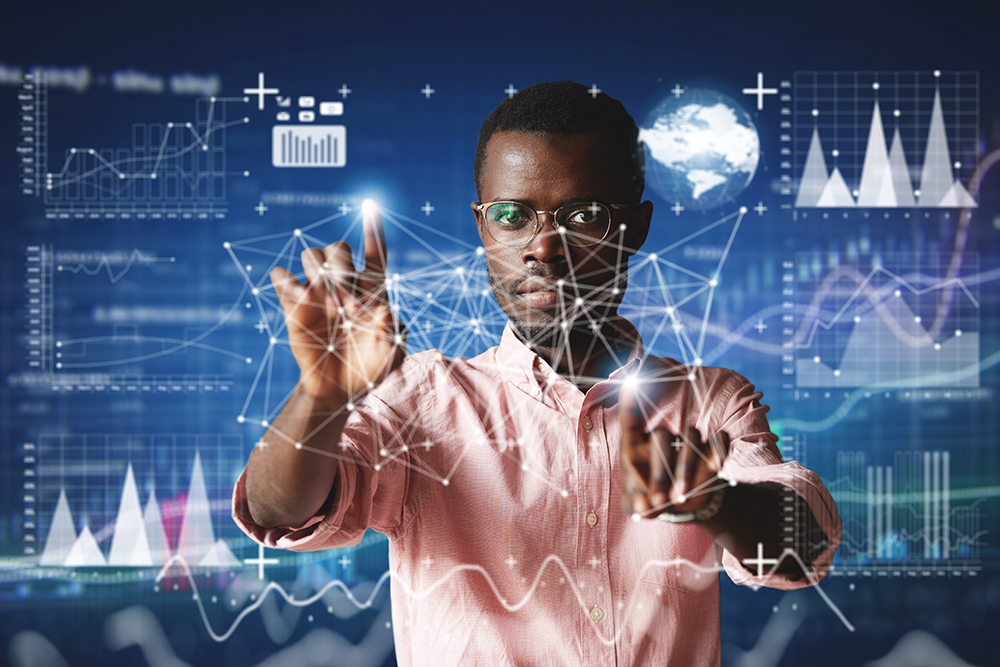 Person interacting with digital data network and analytics visualization