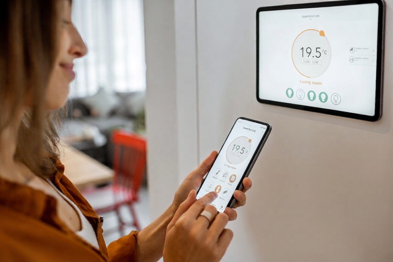 Person monitoring home energy usage via Smart Home Energy Monitoring app