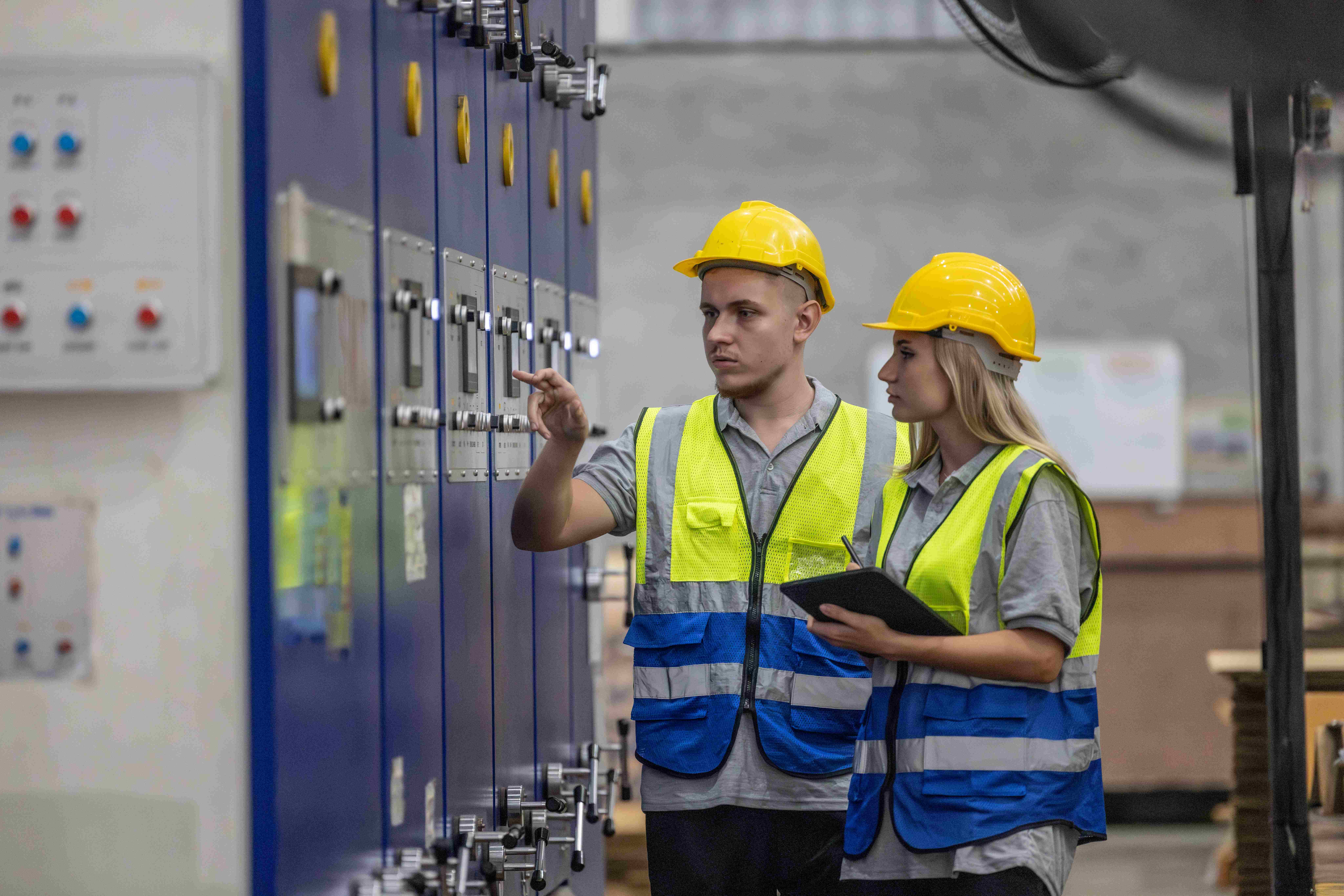 Engineers conducting system testing on industrial control panels