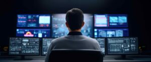 Man in front of screens doing monitoring