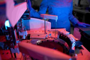 Close-up of automated test rig equipment