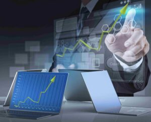 Laptop screen showing an upward growth trend
