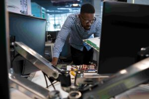 Person examining hardware test rig setup